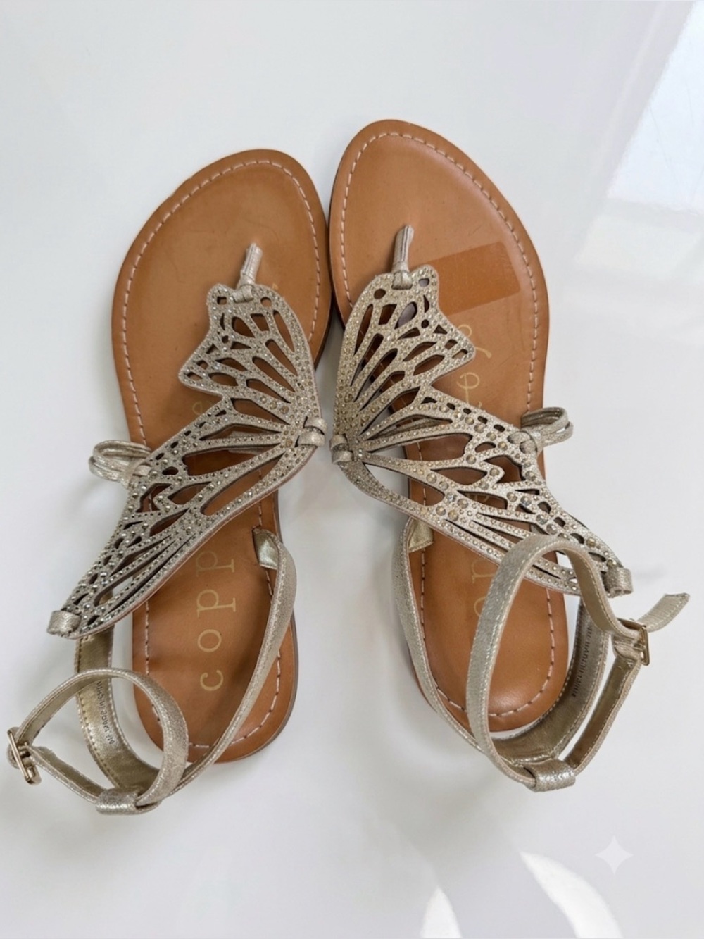 Copper Key Gold Butterfly Rhinestone Ankle Wrap Sandals Women’s Size 9